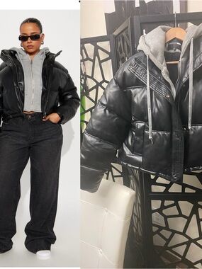 Fashion Nova Black Faux Leather Cropped Puffer with Grey Hood Insert
